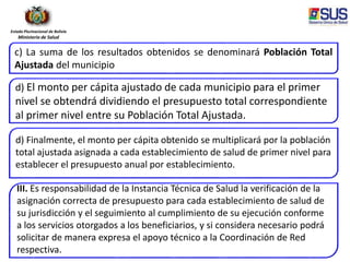 Estado Plurinacional de Bolivia
Ministerio de Salud
c) La suma de los resultados obtenidos se denominará Población Total
Ajustada del municipio
d) El monto per cápita ajustado de cada municipio para el primer
nivel se obtendrá dividiendo el presupuesto total correspondiente
al primer nivel entre su Población Total Ajustada.
d) Finalmente, el monto per cápita obtenido se multiplicará por la población
total ajustada asignada a cada establecimiento de salud de primer nivel para
establecer el presupuesto anual por establecimiento.
.III. Es responsabilidad de la Instancia Técnica de Salud la verificación de la
asignación correcta de presupuesto para cada establecimiento de salud de
su jurisdicción y el seguimiento al cumplimiento de su ejecución conforme
a los servicios otorgados a los beneficiarios, y si considera necesario podrá
solicitar de manera expresa el apoyo técnico a la Coordinación de Red
respectiva.
 