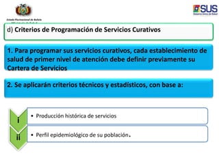 Estado Plurinacional de Bolivia
Ministerio de Salud
i
• Producción histórica de servicios
ii • Perfil epidemiológico de su población.
d) Criterios de Programación de Servicios Curativos
1. Para programar sus servicios curativos, cada establecimiento de
salud de primer nivel de atención debe definir previamente su
Cartera de Servicios
2. Se aplicarán criterios técnicos y estadísticos, con base a:
 