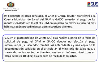 Estado Plurinacional de Bolivia
Ministerio de Salud
IV. Finalizado el plazo señalado, el GAM o GAIOC deudor; transferirá a la
Cuenta Municipal de Salud del GAM o GAIOC acreedor el pago de los
montos señalados en los REPES - IM en un plazo no mayor a cinco (5) días
hábiles, según procedimientos administrativos vigentes.
V. Si en el plazo máximo de veinte (20) días hábiles a partir de la fecha de
solicitud de pago el GAM o GAIOC deudor no efectúa el pago
intermunicipal, el acreedor remitirá los antecedentes y una copia de la
documentación señalada en el artículo 34 al Ministerio de Salud que, a
través de las instancias pertinentes, emitirá un informe técnico en un
plazo de hasta 10 (diez) días hábiles de recibida la solicitud.
 