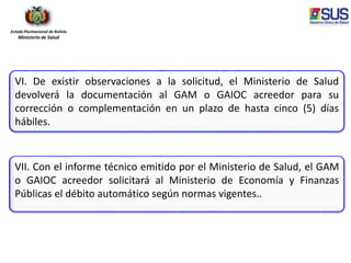 Estado Plurinacional de Bolivia
Ministerio de Salud
VI. De existir observaciones a la solicitud, el Ministerio de Salud
devolverá la documentación al GAM o GAIOC acreedor para su
corrección o complementación en un plazo de hasta cinco (5) días
hábiles.
VII. Con el informe técnico emitido por el Ministerio de Salud, el GAM
o GAIOC acreedor solicitará al Ministerio de Economía y Finanzas
Públicas el débito automático según normas vigentes..
 