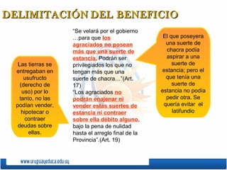 DELIMITACIÓN DEL BENEFICIO
                    “Se velará por el gobierno
                    …para que los                   El que poseyera
                    agraciados no posean             una suerte de
                    más que una suerte de            chacra podía
                    estancia. Podrán ser             aspirar a una
   Las tierras se   privilegiados los que no            suerte de
  entregaban en     tengan más que una             estancia; pero el
      usufructo     suerte de chacra…”(Art.          que tenía una
    (derecho de     17)                                 suerte de
     uso) por lo    “Los agraciados no             estancia no podía
    tanto, no las   podrán enajenar ni               pedir otra. Se
  podían vender,    vender estas suertes de         quería evitar el
     hipotecar o    estancia ni contraer                latifundio
      contraer      sobre ella débito alguno,
   deudas sobre     bajo la pena de nulidad
        ellas.      hasta el arreglo final de la
                    Provincia”.(Art. 19)
 