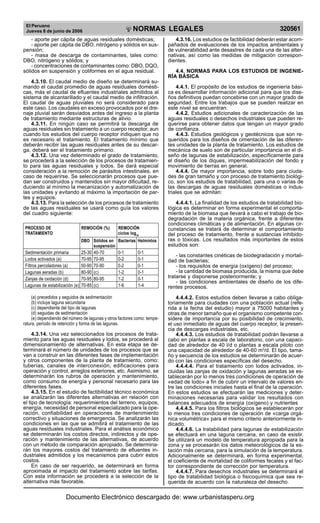 El Peruano
Jueves 8 de junio de 2006 320561NORMAS LEGALES
R
EPUBLICA DEL PERU
- aporte per cápita de aguas residuales domésticas;
- aporte per cápita de DBO, nitrógeno y sólidos en sus-
pensión;
- masa de descarga de contaminantes, tales como:
DBO, nitrógeno y sólidos; y
- concentraciones de contaminantes como: DBO, DQO,
sólidos en suspensión y coliformes en el agua residual.
4.3.10. El caudal medio de diseño se determinará su-
mando el caudal promedio de aguas residuales domésti-
cas, más el caudal de efluentes industriales admitidos al
sistema de alcantarillado y el caudal medio de infiltración.
El caudal de aguas pluviales no será considerado para
este caso. Los caudales en exceso provocados por el dre-
naje pluvial serán desviados antes del ingreso a la planta
de tratamiento mediante estructuras de alivio.
4.3.11. En ningún caso se permitirá la descarga de
aguas residuales sin tratamiento a un cuerpo receptor, aun
cuando los estudios del cuerpo receptor indiquen que no
es necesario el tratamiento. El tratamiento mínimo que
deberán recibir las aguas residuales antes de su descar-
ga, deberá ser el tratamiento primario.
4.3.12. Una vez determinado el grado de tratamiento,
se procederá a la selección de los procesos de tratamien-
to para las aguas residuales y lodos. Se dará especial
consideración a la remoción de parásitos intestinales, en
caso de requerirse. Se seleccionarán procesos que pue-
dan ser construidos y mantenidos sin mayor dificultad, re-
duciendo al mínimo la mecanización y automatización de
las unidades y evitando al máximo la importación de par-
tes y equipos.
4.3.13. Para la selección de los procesos de tratamiento
de las aguas residuales se usará como guía los valores
del cuadro siguiente:
PROCESO DE REMOCIÓN (%) REMOCIÓN
TRATAMIENTO ciclos log10
DBO Sólidos en Bacterias Helmintos
suspensión
Sedimentación primaria 25-30 40-70 0-1 0-1
Lodos activados (a) 70-95 70-95 0-2 0-1
Filtros percoladores (a) 50-90 70-90 0-2 0-1
Lagunas aeradas (b) 80-90 (c) 1-2 0-1
Zanjas de oxidación (d) 70-95 80-95 1-2 0-1
Lagunas de estabilización (e) 70-85 (c) 1-6 1-4
(a) precedidos y seguidos de sedimentación
(b) incluye laguna secundaria
(c) dependiente del tipo de lagunas
(d) seguidas de sedimentación
(e) dependiendo del número de lagunas y otros factores como: tempe-
ratura, período de retención y forma de las lagunas.
4.3.14. Una vez seleccionados los procesos de trata-
miento para las aguas residuales y lodos, se procederá al
dimensionamiento de alternativas. En esta etapa se de-
terminará el número de unidades de los procesos que se
van a construir en las diferentes fases de implementación
y otros componentes de la planta de tratamiento, como:
tuberías, canales de interconexión, edificaciones para
operación y control, arreglos exteriores, etc. Asimismo, se
determinarán los rubros de operación y mantenimiento,
como consumo de energía y personal necesario para las
diferentes fases.
4.3.15. En el estudio de factibilidad técnico económica
se analizarán las diferentes alternativas en relación con
el tipo de tecnología: requerimientos del terreno, equipos,
energía, necesidad de personal especializado para la ope-
ración, confiabilidad en operaciones de mantenimiento
correctivo y situaciones de emergencia. Se analizarán las
condiciones en las que se admitirá el tratamiento de las
aguas residuales industriales. Para el análisis económico
se determinarán los costos directos, indirectos y de ope-
ración y mantenimiento de las alternativas, de acuerdo
con un método de comparación apropiado. Se determina-
rán los mayores costos del tratamiento de efluentes in-
dustriales admitidos y los mecanismos para cubrir estos
costos.
En caso de ser requerido, se determinará en forma
aproximada el impacto del tratamiento sobre las tarifas.
Con esta información se procederá a la selección de la
alternativa más favorable.
4.3.16. Los estudios de factibilidad deberán estar acom-
pañados de evaluaciones de los impactos ambientales y
de vulnerabilidad ante desastres de cada una de las alter-
nativas, así como las medidas de mitigación correspon-
dientes.
4.4. NORMAS PARA LOS ESTUDIOS DE INGENIE-
RÍA BÁSICA
4.4.1. El propósito de los estudios de ingeniería bási-
ca es desarrollar información adicional para que los dise-
ños definitivos puedan concebirse con un mayor grado de
seguridad. Entre los trabajos que se pueden realizar en
este nivel se encuentran:
4.4.2. Estudios adicionales de caracterización de las
aguas residuales o desechos industriales que pueden re-
querirse para obtener datos que tengan un mayor grado
de confianza.
4.4.3. Estudios geológicos y geotécnicos que son re-
queridos para los diseños de cimentación de las diferen-
tes unidades de la planta de tratamiento. Los estudios de
mecánica de suelo son de particular importancia en el di-
seño de lagunas de estabilización, específicamente para
el diseño de los diques, impermeabilización del fondo y
movimiento de tierras en general.
4.4.4. De mayor importancia, sobre todo para ciuda-
des de gran tamaño y con proceso de tratamiento biológi-
co, son los estudios de tratabilidad, para una o varias de
las descargas de aguas residuales domésticas o indus-
triales que se admitan:
4.4.4.1. La finalidad de los estudios de tratabilidad bio-
lógica es determinar en forma experimental el comporta-
miento de la biomasa que llevará a cabo el trabajo de bio-
degradación de la materia orgánica, frente a diferentes
condiciones climáticas y de alimentación. En algunas cir-
cunstancias se tratará de determinar el comportamiento
del proceso de tratamiento, frente a sustancias inhibido-
ras o tóxicas. Los resultados más importantes de estos
estudios son:
- las constantes cinéticas de biodegradación y mortali-
dad de bacterias;
- los requisitos de energía (oxígeno) del proceso;
- la cantidad de biomasa producida, la misma que debe
tratarse y disponerse posteriormente; y
- las condiciones ambientales de diseño de los dife-
rentes procesos.
4.4.4.2. Estos estudios deben llevarse a cabo obliga-
toriamente para ciudades con una población actual (refe-
rida a la fecha del estudio) mayor a 75000 habitantes y
otras de menor tamaño que el organismo competente con-
sidere de importancia por su posibilidad de crecimiento,
el uso inmediato de aguas del cuerpo receptor, la presen-
cia de descargas industriales, etc.
4.4.4.3. Los estudios de tratabilidad podrán llevarse a
cabo en plantas a escala de laboratorio, con una capaci-
dad de alrededor de 40 l/d o plantas a escala piloto con
una capacidad de alrededor de 40-60 m3
/d. El tipo, tama-
ño y secuencia de los estudios se determinarán de acuer-
do con las condiciones específicas del desecho.
4.4.4.4. Para el tratamiento con lodos activados, in-
cluidas las zanjas de oxidación y lagunas aeradas se es-
tablecerán por lo menos tres condiciones de operación de
«edad de lodo» a fin de cubrir un intervalo de valores en-
tre las condiciones iniciales hasta el final de la operación.
En estos estudios se efectuarán las mediciones y deter-
minaciones necesarias para validar los resultados con
balances adecuados de energía (oxígeno) y nutrientes
4.4.4.5. Para los filtros biológicos se establecerán por
lo menos tres condiciones de operación de «carga orgá-
nica volumétrica» para el mismo criterio anteriormente in-
dicado.
4.4.4.6. La tratabilidad para lagunas de estabilización
se efectuará en una laguna cercana, en caso de existir.
Se utilizará un modelo de temperatura apropiada para la
zona y se procesarán los datos meteorológicos de la es-
tación más cercana, para la simulación de la temperatura.
Adicionalmente se determinará, en forma experimental,
el coeficiente de mortalidad de coliformes fecales y el fac-
tor correspondiente de corrección por temperatura.
4.4.4.7. Para desechos industriales se determinará el
tipo de tratabilidad biológica o fisicoquímica que sea re-
querida de acuerdo con la naturaleza del desecho.
Documento Electrónico descargado de: www.urbanistasperu.org
 