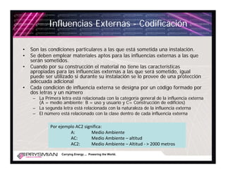 Influencias Externas - Codificación

•   Son las condiciones particulares a las que está sometida una instalación.
•   Se deben emplear materiales aptos para las influencias externas a las que
    serán sometidos.
•   Cuando por su construcción el material no tiene las características
    apropiadas para las influencias externas a las que será sometido, igual
    puede ser utilizado si durante su instalación se lo provee de una protección
    adecuada adicional
•   Cada condición de influencia externa se designa por un código formado por
    dos letras y un número
     – La Primera letra está relacionada con la categoría general de la influencia externa
       (A = medio ambiente; B = uso y usuario y C= Construcción de edificios)
     – La segunda letra está relacionada con la naturaleza de la influencia externa
     – El número está relacionado con la clase dentro de cada influencia externa

             Por ejemplo AC2 significa:
                      A:         Medio Ambiente
                      AC:        Medio Ambiente – altitud
                      AC2:       Medio Ambiente – Altitud ‐ > 2000 metros

                   Carrying Energy ... Powering the World.
 