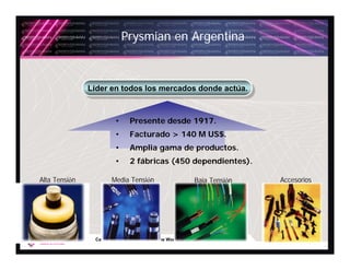 Prysmian en Argentina



               Líder en todos los mercados donde actúa.
                Líder en todos los mercados donde actúa.


                         •     Presente desde 1917.
                         •     Facturado > 140 M US$.
                         •     Amplia gama de productos.
                         •     2 fábricas (450 dependientes).

Alta Tensión           Media Tensión                      Baja Tensión   Accesorios




                Carrying Energy ... Powering the World.
 