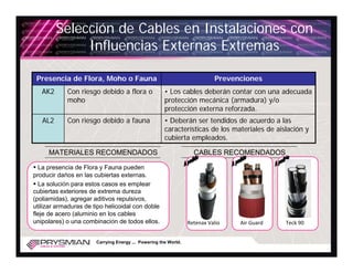 Selección de Cables en Instalaciones con
              Influencias Externas Extremas

 Presencia de Flora, Moho o Fauna                                          Prevenciones
   AK2      Con riesgo debido a flora o               • Los cables deberán contar con una adecuada
            moho                                      protección mecánica (armadura) y/o
                                                      protección externa reforzada.
   AL2      Con riesgo debido a fauna                 • Deberán ser tendidos de acuerdo a las
                                                      características de los materiales de aislación y
                                                      cubierta empleados.

     MATERIALES RECOMENDADOS                                       CABLES RECOMENDADOS

  La presencia de Flora y Fauna pueden
producir daños en las cubiertas externas.
  La solución para estos casos es emplear
cubiertas exteriores de extrema dureza
(poliamidas), agregar aditivos repulsivos,
utilizar armaduras de tipo helicoidal con doble
fleje de acero (aluminio en los cables
unipolares) o una combinación de todos ellos.                    Retenax Valio   Air Guard    Teck 90


                       Carrying Energy ... Powering the World.
 