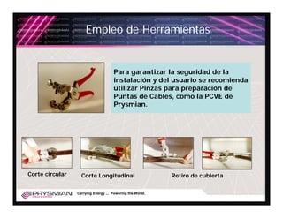 Empleo de Herramientas


                                     Para garantizar la seguridad de la
                                     instalación y del usuario se recomienda
                                     utilizar Pinzas para preparación de
                                     Puntas de Cables, como la PCVE de
                                     Prysmian.




Corte circular     Corte Longitudinal                      Retiro de cubierta

                 Carrying Energy ... Powering the World.
 