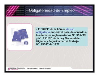 Obligatoriedad de Empleo



                 El “RIEI” de la AEA es de uso
               obligatorio en todo el país, de acuerdo a
               los decretos reglamentarios N°351/79
               y N°911/96 de la Ley Nacional de
               Higiene y Seguridad en el Trabajo
               N°19587 de 1972.




Carrying Energy ... Powering the World.
 