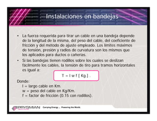 Instalaciones en bandejas

• La fuerza requerida para tirar un cable en una bandeja depende
  de la longitud de la misma, del peso del cable, del coeficiente de
  fricción y del método de ajuste empleado. Los límites máximos
  de tensión, presión y radios de curvatura son los mismos que
  los aplicados para ductos o cañerías.
• Si las bandejas tienen rodillos sobre los cuales se deslizan
  fácilmente los cables, la tensión de tiro para tramos horizontales
  es igual a:
                          T = l w f [ Kg.] .
Donde:
  l = largo cable en Km.
  w = peso del cable en Kg/Km.
  f = factor de fricción (0.15 con rodillos).

              Carrying Energy ... Powering the World.
 