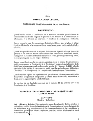 Reglamento a la Ley de Comunicación - Ecuador enero 21 del 2014