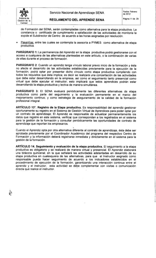 Reglamento aprendiz sena