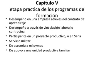 Capítulo V etapa practica de los programas de formación Desempeño en una empresa atreves del contrato de aprendizaje Desempeño a través de vinculación laboral o contractual Participante en un proyecto productivo, o en Sena Servicio militar  De asesoría a mi pymes De apoyo a una unidad productiva familiar 