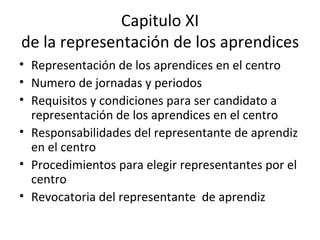Capitulo XI de la representación de los aprendices Representación de los aprendices en el centro Numero de jornadas y periodos Requisitos y condiciones para ser candidato a representación de los aprendices en el centro Responsabilidades del representante de aprendiz en el centro Procedimientos para elegir representantes por el centro Revocatoria del representante  de aprendiz 