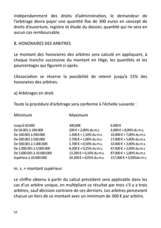 Indépendamment des droits d’administration, le demandeur de
l’arbitrage devra payer une quantité fixe de 300 euros en concept de
droits d’ouverture, registre et étude du dossier, quantité qui ne sera en
aucun cas remboursable.

B. HONORAIRES DES ARBITRES

Le montant des honoraires des arbitres sera calculé en appliquant, à
chaque tranche successive du montant en litige, les quantités et les
pourcentages qui figurent ci-après.

L’Association se réserve la possibilité de retenir jusqu’à 15% des
honoraires des arbitres.

a) Arbitrages en droit

Toute la procédure d’arbitrage sera conforme à l’échelle suivante :

Minimum                        Maximum

Jusqu’à 50.000                 300,00€                    6.000 €
De 50.001 à 100.000            200 € + 2,00% du m.s.      6.000 € + 8,00% du m.s.
De 100.001 à 200.000           1.200 € + 1,50% du m.s.    10.000 € + 7,00% du m.s.
De 200.001 à 500.000           2.700 € + 1,00% du m.s.    17.000 € + 5,00% du m.s.
De 500.001 à 1.000.000         5.700 € + 0,50% du m.s.    32.000 € + 3,00% du m.s.
De 1.000.001 à 3.000.000       8.200 € + 0,25% du m.s.    47.000 € + 2,00% du m.s
De 3.000.001 à 10.000.000      13.200 € + 0,10% du m.s.   87.000 € + 1,00% du m.s.
Supérieur à 10.000.000         20.200 € + 0,05% du m.s.   157.000 € + 0,50%du m.s.

m. s. = montant supérieur

Le chiffre obtenu à partir du calcul précédent sera applicable dans les
cas d’un arbitre unique, en multipliant ce résultat par trois s’il y a trois
arbitres, sauf décision contraire de ces derniers. Les arbitres percevront
chacun un tiers de ce montant avec un minimum de 300 € par arbitre.


52
 