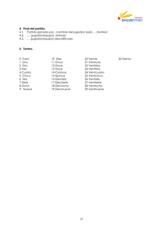23
4. Final del partido.
4.1. Partido ganado por…(nombre del jugador/ país) … (tanteo)
4.2. .... (jugador/equipo) retirado
4.3. … (jugador/equipo) descalificado
5. Tanteo.
0 Cero 10 Diez 20 Veinte 30 Treinta
1 Uno 11 Once 21 Ventiuno
2 Dos 12 Doce 22 Ventidos
3 Tres 13 Trece 23 Ventitres
4 Cuatro 14 Catorce 24 Veintcuatro
5 Cinco 15 Quince 25 Venticinco
6 Seis 16 Dieciséis 26 Ventiséis
7 Siete 17 Diecisiete 27 Ventisiete
8 Ocho 18 Dieciocho 28 Ventiocho
9 Nueve 19 Diecinueve 29 Ventinueve
 