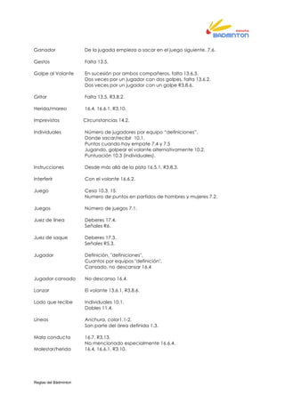 Reglas del Bádminton
Ganador De la jugada empieza a sacar en el juego siguiente. 7.6.
Gestos Falta 13.5.
Golpe al Volante En sucesión por ambos compañeros, falta 13.6.3.
Dos veces por un jugador con dos golpes, falta 13.6.2.
Dos veces por un jugador con un golpe R3.8.6.
Gritar Falta 13.5, R3.8.2.
Herida/mareo 16.4, 16.6.1, R3.10.
Imprevistos Circunstancias 14.2.
Individuales Número de jugadores por equipo “definiciones”.
Donde sacar/recibir 10.1.
Puntos cuando hay empate 7.4 y 7.5
Jugando, golpear el volante alternativamente 10.2.
Puntuación 10.3 (individuales).
Instrucciones Desde más allá de la pista 16.5.1, R3.8.3.
Interferir Con el volante 16.6.2.
Juego Cesa 10.3, 15.
Numero de puntos en partidos de hombres y mujeres 7.2.
Juegos Número de juegos 7.1.
Juez de línea Deberes 17.4.
Señales R6.
Juez de saque Deberes 17.3.
Señales R5.3.
Jugador Definición, "definiciones".
Cuantos por equipos "definición".
Cansado, no descansar 16.4
Jugador cansado No descanso 16.4.
Lanzar El volante 13.6.1, R3.8.6.
Lado que recibe Individuales 10.1.
Dobles 11.4.
Líneas Anchura, color1.1-2.
Son parte del área definida 1.3.
Mala conducta 16.7, R3.13.
No mencionado especialmente 16.6.4.
Malestar/herida 16.4, 16.6.1, R3.10.
 
