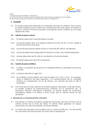 5
NOTA:
1) Diagonal de pista completa: 14,723 metros.
2) La pista tal como se muestra puede ser utilizada tanto para el juego de individual como de dobles
3) Marcas opcionales para la prueba de velocidad del volante en el Diagrama B
2. VOLANTES
2.1. El volante puede estar fabricado con materiales naturales y/o sintéticos. Sea cual sea
el material utilizado para el volante, las características del vuelo deben ser similares a
las de un volante con plumas naturales y una base de corcho cubierta con una capa
delgada de cuero.
2.2. Volante de pluma natural:
2.2.1. El volante debe tener 16 plumas fijadas a la base.
2.2.2. Las plumas deben tener una longitud uniforme de entre de 62 a 70 mm, desde la
punta hasta el final de la base.
2.2.3. Las puntas de las plumas deben formar un círculo de 58 a 68 mm. de diámetro.
2.2.4. Las plumas deben estar aseguradas firmemente con hilo u otro material apropiado.
2.2.5. La base debe tener de 25 a 28 mm. de diámetro y final redondeado.
2.2.6. El volante debe pesar de 4,74 a 5,50 gramos.
2.3. Volante de pluma sintética:
2.3.1. La falda, o simulación de las plumas en materiales sintéticos, reemplaza a las plumas
naturales.
2.3.2. La base se describe en regla 2.2.5.
2.3.3. Las medidas y el peso deben ser los de las reglas 2.2.2., 2.2.3. y 2.2.6.; sin embargo,
dada la diferencia del peso específico y el comportamiento de los materiales
sintéticos en comparación con los de plumas, una variación de hasta el 10% es
aceptable.
2.4. Con tal de que no haya variación en el diseño general, velocidad y vuelo del volante,
se pueden modificar las especificaciones anteriores con la aprobación de la
Asociación Miembro participante interesada, en lugares donde las condiciones
atmosféricas debido a la altitud o clima hacen que el volante normal no sea
apropiado.
3. PRUEBA DE LA VELOCIDAD DEL VOLANTE
3.1. Para probar un volante, se emplea un golpe de mano baja, que hace contacto con el
volante encima de la línea de fondo. El volante debe golpearse en ángulo
ascendente y en dirección paralela a las líneas laterales.
3.2. Un volante de velocidad correcta debe caer a no menos de 530 mm. y no más de 990
mm. de la línea de fondo opuesta, tal como indica el diagrama B.
 