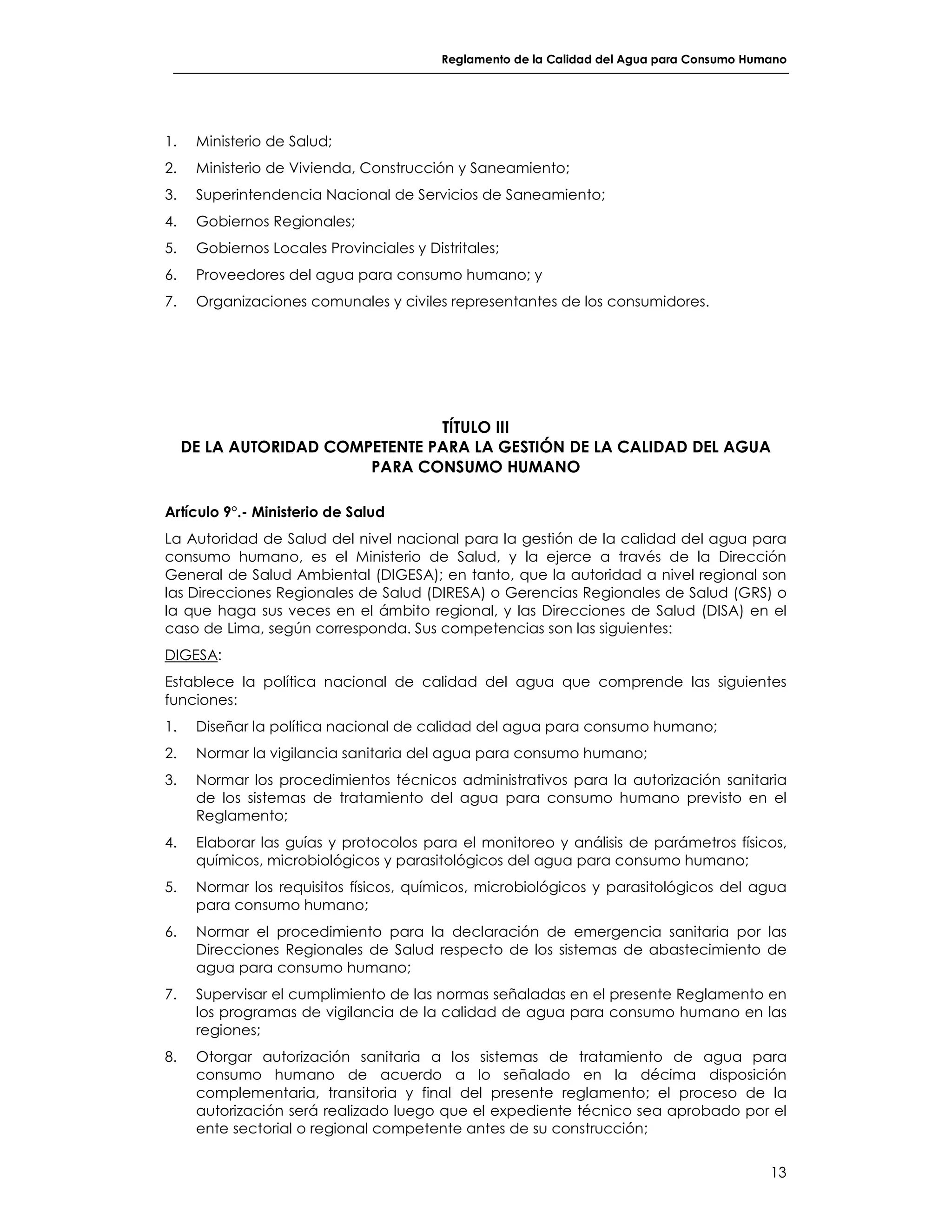 REGLAMENTO DE LA CALIDAD DEL AGUA PARA CONSUMO HUMANO | PDF