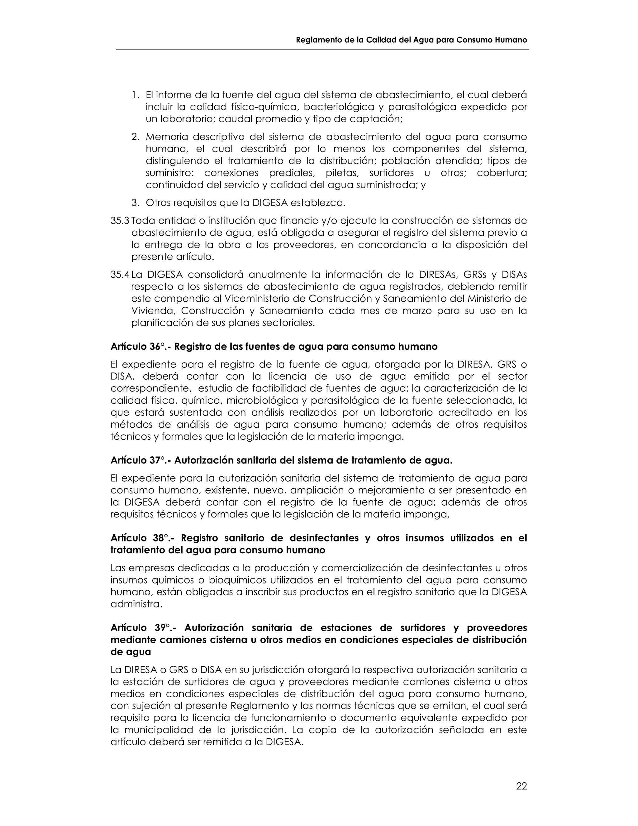 REGLAMENTO DE LA CALIDAD DEL AGUA PARA CONSUMO HUMANO | PDF