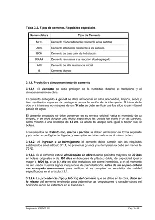 Tabla 3.2. Tipos de cemento. Requisitos especiales

   Nomenclatura                               Tipo de Cemento

        MRS             Cemento moderadamente resistente a los sulfatos

         ARS            Cemento altamente resistente a los sulfatos

        BCH             Cemento de bajo calor de hidratación

        RRAA            Cemento resistente a la reacción álcali-agregado

         ARI            Cemento de alta resistencia inicial

          B             Cemento blanco



3.1.3. Provisión y almacenamiento del cemento

3.1.3.1. El cemento se debe proteger de la humedad durante el transporte y el
almacenamiento en obra.

El cemento entregado a granel se debe almacenar en silos adecuados, limpios, secos y
bien ventilados, capaces de protegerlo contra la acción de la intemperie. Al inicio de la
obra y a intervalos no mayores de un (1) año se debe verificar que los silos no permitan el
pasaje de agua.

El cemento envasado se debe conservar en su envase original hasta el momento de su
empleo, y se debe acopiar bajo techo, separando las bolsas del suelo y de las paredes,
como mínimo a una distancia de 15 cm. La altura del acopio será igual o menor que 10
bolsas.

Los cementos de distinto tipo, marca o partida, se deben almacenar en forma separada
y por orden cronológico de llegada, y su empleo se debe realizar en el mismo orden.

3.1.3.2. Al ingresar a la hormigonera el cemento debe cumplir con los requisitos
establecidos en el artículo 3.1.1, no presentar grumos y su temperatura debe ser menor de
70 ºC.

3.1.3.3. Si el cemento estuvo almacenado en obra durante períodos mayores de 30 días
en bolsas originales o de 180 días en bolsones de plástico doble, de capacidad igual o
mayor a 1000 kg, o un (1) año en silos metálicos con cierre hermético, o en el momento
de ser usado muestra signos inequívocos de prehidratación, antes de su empleo deberá
ser ensayado nuevamente para verificar si se cumplen los requisitos de calidad
especificados en el artículo 3.1.1.

3.1.3.4. La procedencia (tipo y fábrica) del cemento que se utilice en la obra, debe ser
la misma del cemento empleado para determinar las proporciones y características del
hormigón según se establece en el Capítulo 5.




Reglamento CIRSOC 201                                                           Cap. 3 - 43
 