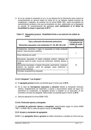 c) Si no se cumple lo requerido en a) y no se dispone de la información para evaluar el
   comportamiento en servicio según se indica en b), se deberán realizar ensayos de
   congelación y deshielo, de acuerdo con la norma IRAM 1661, sobre hormigones de
   características similares a los que se emplearán en obra, elaborados con el agregado
   en estudio. El comportamiento del agregado será satisfactorio si el factor de
   durabilidad es mayor o igual que el 80 % .


  Tabla 3.7. Agregados gruesos. Estabilidad frente a una solución de sulfato de
             sodio

                                                                       Estabilidad frente
                   Tipo y ubicación del elemento estructural
                                                                        a la solución de
     Elementos expuestos a los ambientes C1, C2, M3, Q2 y Q3            sulfato de sodio
                                                                                %
  Fundaciones, columnas y vigas no expuestas al medio ambiente
  exterior, losas de pisos cubiertos.
                                                                              ---
  Pisos interiores sin cubrir

  Estructuras expuestas al medio ambiente exterior: tabiques de
  fundación sobre el suelo, muros de contención, estribos, pilares y
  vigas.
  Estructuras expuestas a mojado frecuente: pavimentos, cordones,             12
  tableros de puentes, pisos de garages, pisos exteriores y
  estructuras ribereñas.
  Hormigón arquitectónico expuesto



3.2.4.5. Desgaste " Los Angeles "

a) El agregado grueso tendrá una pérdida igual o menor que el 50 %.

b) En el caso de hormigones expuestos a abrasión debida al transporte vehicular
   intenso, resbalamiento de materiales a granel y escurrimiento rápido de agua con
   elementos en suspensión, el agregado grueso a emplear en su ejecución, al ser
   sometido al ensayo de desgaste, debe arrojar una pérdida igual o menor al 30 %.

c) Será de aplicación la norma IRAM 1532.


3.2.4.6. Partículas lajosas y elongadas

La cantidad de partículas lajosas y elongadas, determinadas según la norma IRAM
1687-1 e IRAM 1687-2, debe ser igual o menor de 40 g/100g.

3.2.5. Acopio y manipuleo de agregados

3.2.5.1. Los agregados finos y gruesos se deben almacenar y emplear en forma tal que



Reglamento CIRSOC 201                                                          Cap. 3 - 51
 