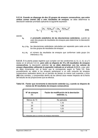 5.2.3.4. Cuando se disponga de dos (2) grupos de ensayos consecutivos, que entre
ambos sumen treinta (30) o más resultados de ensayos, se debe determinar la
desviación estándar promedio aplicando la siguiente expresión:


                                     ( n1 − 1 ) ( s n1 ) 2 + ( n2 − 1 ) ( s n 2 ) 2
                            sp =                                                             (5-6)
                                                    n1 + n2 − 2

siendo:
       sp          el promedio estadístico de las desviaciones estándares, cuando se
                   usan dos grupos de resultados de ensayos para determinar la desviación
                   estándar.

        sn1 y sn2 las desviaciones estándares calculadas por separado para cada uno de
                  los dos grupos de resultados de ensayos.

        n1 y n2    el número de resultados de ensayos que conforman cada grupo (no
                   inferiores a 10).


5.2.3.5. Si la planta posee registros que cumplan con las condiciones a), b), c), d), e) y f)
dadas en el artículo 5.2.3.2. pero sólo se dispone de 15 a 29 resultados de ensayos
consecutivos, la desviación estándar (s) se debe determinar con los valores de
ensayo disponibles utilizando la expresión indicada en el artículo 5.2.3.3. y ese valor
se debe incrementar con el factor que le corresponda según la Tabla 5.6. Este
procedimiento es válido si los ensayos pertenecen a un solo conjunto de ensayos
consecutivos realizados dentro de un período de tiempo no menor que cuarenta y cinco
(45) días corridos, y comprendido dentro de los últimos doce meses respecto de la fecha
del estudio de las proporciones que se efectúa.


Tabla 5.6. Factor que incrementa la desviación estándar (sn), cuando se dispone de
           menos de 30 resultados de ensayos consecutivos


             N° de ensayos               Factor de modificación de la desviación
                   (*)                                estándar, sn

              Menos de 15                                    No aplicable
                    15                                             1,16
                    20                                             1,08
                    25                                             1,03
                    30                                             1,00

          (*) Interpolar para un número de ensayos intermedios




Reglamento CIRSOC 201                                                                 Cap. 5 - 89
 