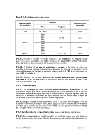 Tabla 5.10. Períodos mínimos de curado

                                           Cemento
    Edad de diseño                                                          Tiempo mínimo
     del hormigón                                                              de curado
                                 Tipo                 Categoría

         7 días               CPx (ARI)                   50                    3 días
                                 CPN
                                 CPF
                                 CPC                    40 - 50                 5 días
                                 CPE
                                 CPP
         28 días
                                 CPN
                                 CPF
                                 CPC                      30                    8 días
                                 CPE
                                 CPP
         28 días                 CAH                  30 - 40 - 50              8 días


5.10.2.7. Durante el período de curado establecido, los encofrados no impermeables
que permanezcan colocados y las estructuras que se desencofren antes de finalizar
dicho período, se deben mantener continuamente humedecidos.

5.10.2.8. Al finalizar el período de protección y curado, el hormigón no debe ser
sometido a cambios bruscos de temperatura, debiendo los mismos ser graduales. En el
caso del hormigón no masivo el gradiente máximo será de 3 ºC/h y sin sobrepasar un
total de 20 ºC cada 24 h.

5.10.2.9. Cuando se prevean períodos de curado extensos con temperaturas
inferiores a 10 °C, se debe medir la temperatura efectiva que alcanza el interior del
hormigón en la estructura.

5.10.3. Curado con agua

5.10.3.1. El hormigón se debe mantener permanentemente humedecido, a una
temperatura mayor que 10 ºC, durante el período de curado establecido en la sección
precedente, adicionándole agua mediante su inmersión total, riego con agua en forma de
niebla fina o mediante rociadores. El agua utilizada para el curado debe cumplir las
condiciones establecidas en el Capítulo 3 de este Reglamento.

5.10.3.2. El agua se debe aplicar directamente sobre la superficie del hormigón o sobre las
cubiertas de arpilleras, mantos de arena, tierra o paja, que estén en contacto directo con la
superficie de la estructura y en permanente estado saturado para mantener la humedad
del hormigón el tiempo mínimo establecido.

5.10.4. Curado mediante compuestos líquidos capaces de formar membranas

5.10.4.1. Los compuestos que se utilicen deben ser líquidos y opacos y su color debe ser
blanco o negro según convenga. Además deben cumplir las condiciones establecidas en




Reglamento CIRSOC 201                                                            Cap. 5 - 111
 