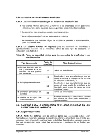 6.3.6. Accesorios para los sistemas de encofrados

6.3.6.1. Los accesorios que constituyen los sistemas de encofrados son :

        las uniones internas para armar y mantener a los encofrados en sus posiciones
        definitivas, tales como ataduras, bulones, pernos u otros elementos metálicos.

        los elementos para empalmar puntales o arriostramientos.

        los anclajes para sujeción de los sistemas de encofrados.

        los elementos que permiten colgar los encofrados, puntales o arriostramientos,
         para su posterior izaje.

6.3.6.2. Los factores mínimos de seguridad para los accesorios de encofrados y
apuntalamientos, basados en la resistencia última de cada tipo de accesorio, se
establecen en la Tabla 6.3.

Tabla 6.3. Factor de seguridad mínimo para los accesorios de encofrados y sus
           apuntalamientos

                                  Factor de
       Tipo de accesorio                                  Tipo de construcción
                                  seguridad
    Uniones internas para ar-
    mar y mantener a los en-
                                      2,0      Todas las aplicaciones
    cofrados en sus posicio-
    nes definitivas.
                                               Encofrados y sus apuntalamientos que so-
                                      2,0
                                               porten solamente el peso propio del encofra-
                                               do y la presión del hormigón
    Anclajes para encofrados                   Encofrados y sus apuntalamientos que so-
                                               porten el peso propio del encofrado y del
                                      3,0
                                               hormigón, peso propio de cargas de cons-
                                               trucción e impacto
    Elementos para colgar en-                  Todas las aplicaciones
                                      2,0
    cofrados
                                               Paneles de hormigón premoldeado, cuando
    Insertos de anclajes, usa-
                                      2,0      los mismos se usan como encofrados y
    dos como atadura
                                               apuntalamientos

6.4. CAÑERÍAS PARA LA CONDUCCIÓN DE FLUIDOS, INCLUIDAS EN LAS
     ESTRUCTURAS DE HORMIGÓN

6.4.1. Exigencias generales

6.4.1.1. Tanto las cañerías que se utilicen como sus accesorios deben estar
fabricados con materiales capaces de resistir sin deterioros el contacto con el fluido que
conducen y con el hormigón en el cual están embebidas. Sus diámetros y espesores serán
los que correspondan para resistir las temperaturas y presiones de los fluidos que
conducen.



Reglamento CIRSOC 201                                                          Cap. 6 - 137
 