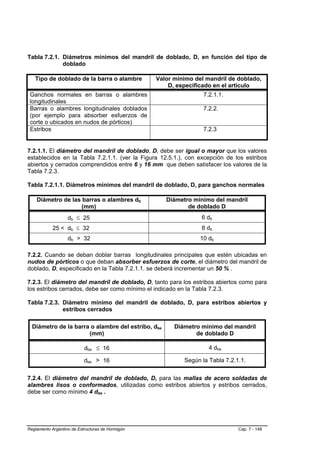 Tabla 7.2.1. Diámetros mínimos del mandril de doblado, D, en función del tipo de
             doblado

   Tipo de doblado de la barra o alambre          Valor mínimo del mandril de doblado,
                                                      D, especificado en el artículo
 Ganchos normales en barras o alambres                            7.2.1.1.
 longitudinales
 Barras o alambres longitudinales doblados                        7.2.2.
 (por ejemplo para absorber esfuerzos de
 corte o ubicados en nudos de pórticos)
 Estribos                                                         7.2.3


7.2.1.1. El diámetro del mandril de doblado, D, debe ser igual o mayor que los valores
establecidos en la Tabla 7.2.1.1. (ver la Figura 12.5.1.), con excepción de los estribos
abiertos y cerrados comprendidos entre 6 y 16 mm que deben satisfacer los valores de la
Tabla 7.2.3.

Tabla 7.2.1.1. Diámetros mínimos del mandril de doblado, D, para ganchos normales

    Diámetro de las barras o alambres db             Diámetro mínimo del mandril
                    (mm)                                    de doblado D
                   db ≤ 25                                       6 db
            25 < db ≤ 32                                         8 db
                   db > 32                                       10 db

7.2.2. Cuando se deban doblar barras longitudinales principales que estén ubicadas en
nudos de pórticos o que deban absorber esfuerzos de corte, el diámetro del mandril de
doblado, D, especificado en la Tabla 7.2.1.1. se deberá incrementar un 50 % .

7.2.3. El diámetro del mandril de doblado, D, tanto para los estribos abiertos como para
los estribos cerrados, debe ser como mínimo el indicado en la Tabla 7.2.3.

Tabla 7.2.3. Diámetro mínimo del mandril de doblado, D, para estribos abiertos y
             estribos cerrados

  Diámetro de la barra o alambre del estribo, dbe       Diámetro mínimo del mandril
                      (mm)                                     de doblado D

                           dbe ≤ 16                                 4 dbe

                           dbe > 16                        Según la Tabla 7.2.1.1.


7.2.4. El diámetro del mandril de doblado, D, para las mallas de acero soldadas de
alambres lisos o conformados, utilizadas como estribos abiertos y estribos cerrados,
debe ser como mínimo 4 dbe .




Reglamento Argentino de Estructuras de Hormigón                                Cap. 7 - 148
 