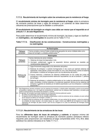 7.7.7.2. Recubrimiento de hormigón sobre las armaduras para la resistencia al fuego

El recubrimiento mínimo de hormigón para la resistencia al fuego, sobre la armadura
de momento positivo de losas y vigas de entrepiso y en cubiertas se debe determinar
utilizando las prescripciones que se detallan a continuación:

El recubrimiento de hormigón en ningún caso debe ser menor que el requerido en el
artículo 7.7. de este Reglamento.

Para poder determinar el recubrimiento mínimo de hormigón, las losas y vigas se clasifican
en restringidas y no restringidas de acuerdo con la Tabla 7.7.7.2.

Tabla 7.7.7.2.           Clasificación de las construcciones - Construcciones restringidas y
                         no restringidas

                                                     No Restringidas
      Tabiques        Tramos simples y tramos finales simplemente apoyados de vanos múltiples tales como
                                                                 (1)
      portantes       losas de hormigón o unidades prefabricadas
                                                       Restringidas
                      Tramos interiores de vanos múltiples:
      Tabiques        1. Sistemas de losas hormigonadas in situ
      portantes       2. Hormigón prefabricado cuando la expansión térmica potencial es resistida por
                                                   (2)
                         construcciones adyacentes
                      1. Vigas firmemente aseguradas a los elementos del pórtico
                      2. Sistemas de entrepiso o cubierta hormigonados in situ (como por ejemplo sistemas de
                         vigas/losas, losas planas y losas nervuradas en una o dos direcciones) cuando el sistema
                         de entrepiso o cubierta se hormigona junto con los elementos del pórtico
      Pórticos de     3. Tramos interiores y exteriores de sistemas prefabricados en los cuales las juntas se
       hormigón          hormigonan in situ proporcionando restricción equivalente a la de la condición 1, pórticos
                         de hormigón
                      4. Sistemas de entrepiso o cubierta prefabricados en los cuales los elementos estructurales
                         están vinculados a dichos sistemas y la potencial expansión térmica de los sistemas de
                         entrepiso o cubierta es resistida por el sistema aporticado o por los entrepisos o cubiertas
                                     (2)
                         adyacentes

(1)    Este Reglamento permite considerar que los sistemas de entrepiso y cubierta están restringidos cuando se encuentran
       arriostrados a tabiques con o sin vigas de arriostramiento, siempre que los tabiques estén diseñados y armados para
       resistir el empuje térmico del sistema de entrepiso o cubierta.
(2)    Por ejemplo, se considera que existe resistencia a la expansión térmica potencial cuando:
       1. Se utiliza una sobrecapa continua de hormigón estructural.
       2. El espacio entre los extremos de las unidades prefabricadas o entre los extremos de las unidades y la cara vertical
             de los apoyos se rellena con hormigón o mortero, o
       3. El espacio entre los extremos de las unidades prefabricadas y la cara vertical de los apoyos, o entre los extremos
             de unidades de losas macizas o de núcleo hueco, es igual o menor que 0,25 % de la longitud en el caso de
             elementos de hormigón de peso normal ó 0,1 % de la longitud en el caso de elementos de hormigón liviano
             estructural.




7.7.7.2.1. Recubrimiento de las armaduras de las losas

Para los diferentes tipos de losas de entrepiso y cubierta, el espesor mínimo del
recubrimiento de hormigón sobre la armadura de momento positivo (armadura inferior)
requerido para proporcionar una resistencia al fuego comprendida entre 1 h y 4 h, debe
satisfacer los valores indicados en la Tabla 7.7.7.2.1.



Reglamento CIRSOC 201                                                                                         Cap. 7 - 163
 