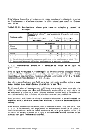 Esta Tabla se debe aplicar a los sistemas de vigas y losas hormigonadas in situ, armadas
en dos direcciones o a las losas macizas o de núcleo hueco cuyas superficies inferiores
sean planas.

Tabla 7.7.7.2.1. Recubrimiento mínimo para losas de entrepiso y cubierta de
                 hormigón

                                Recubrimiento mínimo(1,2) para la resistencia al fuego (en mm) corres-
                                pondiente a:
  Tipo de agregados
                                Construcción restringida             Construcción no restringida
                                       4 h o menos             1h        1½ h        2h       3h         4h

                                                        No pretensada
  Silíceos                                   20                 20         20        25       35         45
  Carbonatos                                 20                 20         20        20       35         35
                                                          Pretensada
  Silíceos                                   20                30          40        45       60         70
  Carbonatos                                 20                25          35        45       55         60

   (1) También deberán satisfacer los requisitos de recubrimiento mínimo establecidos en el artículo 7.7.1.
   (2) Medido desde la superficie del hormigón hasta la superficie de la armadura longitudinal.


7.7.7.2.2. Recubrimiento mínimo de la armadura de flexión de las vigas no
pretensadas

Para las vigas restringidas y no restringidas de diferentes anchos, el espesor mínimo
del recubrimiento de hormigón sobre la armadura de momento positivo (armadura inferior)
requerido para proporcionar una resistencia al fuego comprendida entre 1 h y 4 h debe
satisfacer los valores indicados en la Tabla 7.7.7.2.2.

Los valores especificados en esta Tabla para vigas restringidas se deben aplicar a vigas
cuyos centros estén separados una distancia mayor que 1,2 m.

En el caso de vigas y losas nervuradas restringidas, cuyos centros estén separados una
distancia igual o menor que 1,2 m, este Reglamento permite utilizar un recubrimiento de
20 mm cuando la resistencia al fuego requerida sea igual o menor que 4 h. Para vigas de
anchos intermedios, el recubrimiento se debe determinar por interpolación lineal.

El recubrimiento de hormigón de una barra o alambre individual es el mínimo espesor de
hormigón entre la superficie de la barra o alambre y la superficie de la viga expuesta
al fuego.

Para las vigas en las cuales se utilicen barras o alambres múltiples, a los fines de la Tabla
7.7.7.2.2., el recubrimiento será el promedio del recubrimiento mínimo de las barras o
alambres individuales. Para las barras en esquina (es decir, para aquellas barras que
equidistan del fondo y el lateral de la viga) el recubrimiento mínimo utilizado en los
cálculos será igual a la mitad del valor real.




Reglamento Argentino de Estructuras de Hormigón                                                    Cap. 7 - 164
 