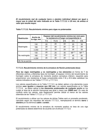 El recubrimiento real de cualquier barra o alambre individual deberá ser igual o
mayor que la mitad del valor indicado en la Tabla 7.7.7.2.2. ó 20 mm; de ambos el
valor que resulte mayor.


Tabla 7.7.7.2.2. Recubrimiento mínimo para vigas no pretensadas


                                      Espesor del recubrimiento mínimo (en mm) para
                         Ancho de        la resistencia al fuego correspondiente a:
   Restricción
                        la viga, mm
                                       1h       1½ h       2h        3h       4h
                           130         20         20        20       25        35
   Restringida             180         20         20        20       20        20
                          ≥ 250        20         20        20       20        20
                           130         20         25        35      NP (1)   NP (1)
   No restringida          180         20         20        20       45        80
                          ≥ 250        20         20        20       25        45
   (1) No se permite



7.7.7.2.3. Recubrimiento mínimo de la armadura de flexión pretensada (tesa)

Para las vigas restringidas y no restringidas y los elementos en forma de T de
diferentes anchos y diferentes tipos de hormigón, el espesor mínimo del recubrimiento de
hormigón sobre la armadura de momento positivo (armadura inferior), requerido para
proporcionar una resistencia al fuego comprendida entre 1 h y 4 h debe satisfacer los
valores indicados en las Tablas 7.7.7.2.3. y 7.7.7.2.4.

Los valores especificados en la Tabla 7.7.7.2.3. se deben aplicar a los elementos cuyos
anchos sean iguales o mayores que 200 mm. Los valores especificados en la Tabla
7.7.7.2.4. se deben aplicar a los elementos pretensados de cualquier ancho en los
cuales el área de la sección transversal sea igual o mayor que 25800 mm². En caso de
conflicto entre los valores, este Reglamento permite utilizar el menor de los valores
obtenidos de las Tablas 7.7.7.2.3. y 7.7.7.2.4.

El recubrimiento a utilizar con los valores de dichas Tablas será un promedio ponderado,
calculado según los requisitos del artículo 7.7.7.2.2., reemplazando el término barra o
alambre por los términos cable o cordón.

El recubrimiento mínimo de la armadura de momento positivo no tesa de una viga
pretensada se deberá determinar de acuerdo con el artículo 7.7.7.2.2.




Reglamento CIRSOC 201                                                        Cap. 7 - 165
 