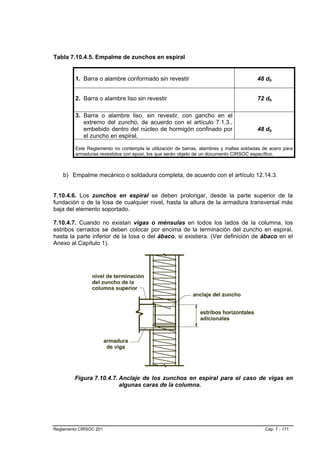 Tabla 7.10.4.5. Empalme de zunchos en espiral


         1. Barra o alambre conformado sin revestir                                     48 db


         2. Barra o alambre liso sin revestir                                           72 db

         3. Barra o alambre liso, sin revestir, con gancho en el
            extremo del zuncho, de acuerdo con el artículo 7.1.3.,
            embebido dentro del núcleo de hormigón confinado por                        48 db
            el zuncho en espiral.

         Este Reglamento no contempla la utilización de barras, alambres y mallas soldadas de acero para
         armaduras revestidos con epoxi, los que serán objeto de un documento CIRSOC específico.



    b) Empalme mecánico o soldadura completa, de acuerdo con el artículo 12.14.3.


7.10.4.6. Los zunchos en espiral se deben prolongar, desde la parte superior de la
fundación o de la losa de cualquier nivel, hasta la altura de la armadura transversal más
baja del elemento soportado.

7.10.4.7. Cuando no existan vigas o ménsulas en todos los lados de la columna, los
estribos cerrados se deben colocar por encima de la terminación del zuncho en espiral,
hasta la parte inferior de la losa o del ábaco, si existiera. (Ver definición de ábaco en el
Anexo al Capítulo 1).




         Figura 7.10.4.7. Anclaje de los zunchos en espiral para el caso de vigas en
                          algunas caras de la columna.




Reglamento CIRSOC 201                                                                      Cap. 7 - 171
 