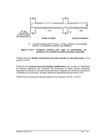 Figura 7.13.2.4.   Armadura continua para vigas no perimetrales, sin
                         estribos en U ni estribos cerrados (armadura requerida).


7.13.2.5. Para los detalles constructivos de losas armadas en dos direcciones, ver el
artículo 13.3.8.5.


7.13.3. En las construcciones de hormigón prefabricado, para vincular con efectividad
los distintos elementos que componen las estructuras se deben colocar armaduras
especiales de tracción en las direcciones transversal, longitudinal y vertical de la estructura
y alrededor de su perímetro. Se deben aplicar las especificaciones del artículo 16.5.

7.13.4. Para la construcción de losas izadas ver los artículos 13.3.8.6. y 18.12.6.




Reglamento CIRSOC 201                                                                 Cap. 7 - 181
 