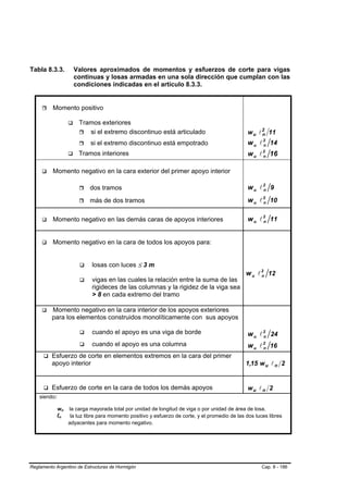 Tabla 8.3.3.         Valores aproximados de momentos y esfuerzos de corte para vigas
                     continuas y losas armadas en una sola dirección que cumplan con las
                     condiciones indicadas en el artículo 8.3.3.


          Momento positivo

                       Tramos exteriores
                          si el extremo discontinuo está articulado                              w u l 2 11
                                                                                                       n
                            si el extremo discontinuo está empotrado                             w u l 2 14
                                                                                                       n

                       Tramos interiores                                                         w u l 2 16
                                                                                                       n


          Momento negativo en la cara exterior del primer apoyo interior

                            dos tramos                                                           wu l2 9
                                                                                                     n

                            más de dos tramos                                                    w u l 2 10
                                                                                                       n



          Momento negativo en las demás caras de apoyos interiores                               w u l 2 11
                                                                                                       n




          Momento negativo en la cara de todos los apoyos para:


                             losas con luces ≤ 3 m
                                                                                                 w u l 2 12
                                                                                                       n
                             vigas en las cuales la relación entre la suma de las
                             rigideces de las columnas y la rigidez de la viga sea
                             > 8 en cada extremo del tramo

         Momento negativo en la cara interior de los apoyos exteriores
         para los elementos construidos monolíticamente con sus apoyos

                             cuando el apoyo es una viga de borde                                w u l 2 24
                                                                                                       n
                             cuando el apoyo es una columna                                      w u l 2 16
                                                                                                       n

         Esfuerzo de corte en elementos extremos en la cara del primer
         apoyo interior                                                                          1,15 w u l n 2


         Esfuerzo de corte en la cara de todos los demás apoyos                                  wu l n 2
    siendo:

              wu   la carga mayorada total por unidad de longitud de viga o por unidad de área de losa.
              ln    la luz libre para momento positivo y esfuerzo de corte, y el promedio de las dos luces libres
                   adyacentes para momento negativo.




Reglamento Argentino de Estructuras de Hormigón                                                         Cap. 8 - 186
 