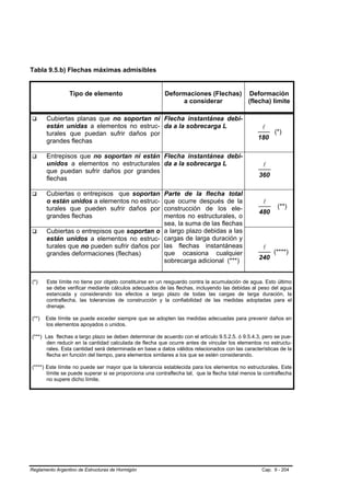 Tabla 9.5.b) Flechas máximas admisibles


                 Tipo de elemento                        Deformaciones (Flechas)              Deformación
                                                              a considerar                   (flecha) límite

       Cubiertas planas que no soportan ni Flecha instantánea debi-
       están unidas a elementos no estruc- da a la sobrecarga L                                    l
       turales que puedan sufrir daños por                                                              (*)
                                                                                                 180
       grandes flechas

       Entrepisos que no soportan ni están Flecha instantánea debi-
       unidos a elementos no estructurales da a la sobrecarga L                                    l
       que puedan sufrir daños por grandes
                                                                                                 360
       flechas

       Cubiertas o entrepisos que soportan    Parte de la flecha total
       o están unidos a elementos no estruc-  que ocurre después de la                             l
       turales que pueden sufrir daños por    construcción de los ele-                                   (**)
                                                                                                 480
       grandes flechas                        mentos no estructurales, o
                                              sea, la suma de las flechas
       Cubiertas o entrepisos que soportan o a largo plazo debidas a las
       están unidos a elementos no estruc- cargas de larga duración y
       turales que no pueden sufrir daños por las flechas instantáneas                             l
       grandes deformaciones (flechas)        que ocasiona cualquier                                    (****)
                                              sobrecarga adicional (***)                         240


(*)    Este límite no tiene por objeto constituirse en un resguardo contra la acumulación de agua. Esto último
       se debe verificar mediante cálculos adecuados de las flechas, incluyendo las debidas al peso del agua
       estancada y considerando los efectos a largo plazo de todas las cargas de larga duración, la
       contraflecha, las tolerancias de construcción y la confiabilidad de las medidas adoptadas para el
       drenaje.

(**)   Este límite se puede exceder siempre que se adopten las medidas adecuadas para prevenir daños en
       los elementos apoyados o unidos.

(***) Las flechas a largo plazo se deben determinar de acuerdo con el artículo 9.5.2.5. ó 9.5.4.3, pero se pue-
       den reducir en la cantidad calculada de flecha que ocurre antes de vincular los elementos no estructu-
       rales. Esta cantidad será determinada en base a datos válidos relacionados con las características de la
       flecha en función del tiempo, para elementos similares a los que se estén considerando.

(****) Este límite no puede ser mayor que la tolerancia establecida para los elementos no estructurales. Este
       límite se puede superar si se proporciona una contraflecha tal, que la flecha total menos la contraflecha
       no supere dicho límite.




Reglamento Argentino de Estructuras de Hormigón                                                    Cap. 9 - 204
 