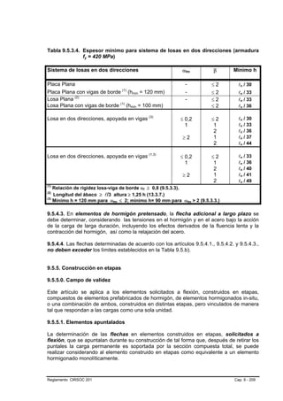 Tabla 9.5.3.4. Espesor mínimo para sistema de losas en dos direcciones (armadura
               fy = 420 MPa)

Sistema de losas en dos direcciones                        αfm           β       Mínimo h

Placa Plana                                                 -           ≤2          ln / 30
Placa Plana con vigas de borde (1) (hmín = 120 mm)          -           ≤2          ln / 33
Losa Plana (2)                                              -           ≤2          ln / 33
Losa Plana con vigas de borde (1) (hmín = 100 mm)                       ≤2          ln / 36

Losa en dos direcciones, apoyada en vigas (3)             ≤ 0,2         ≤2          ln / 30
                                                            1           1           ln / 33
                                                                        2           ln / 36
                                                           ≥2           1           ln / 37
                                                                        2           ln / 44

Losa en dos direcciones, apoyada en vigas (1,3)           ≤ 0,2         ≤2          ln / 33
                                                            1           1           ln / 36
                                                                        2           ln / 40
                                                           ≥2           1           ln / 41
                                                                        2           ln / 49
(1)
    Relación de rigidez losa-viga de borde αf ≥ 0,8 (9.5.3.3).
(2)
    Longitud del ábaco ≥ l/3 altura ≥ 1,25 h (13.3.7.)
(3)
    Mínimo h = 120 mm para αfm ≤ 2; mínimo h= 90 mm para αfm > 2 (9.5.3.3.)

9.5.4.3. En elementos de hormigón pretensado, la flecha adicional a largo plazo se
debe determinar, considerando las tensiones en el hormigón y en el acero bajo la acción
de la carga de larga duración, incluyendo los efectos derivados de la fluencia lenta y la
contracción del hormigón, así como la relajación del acero.

9.5.4.4. Las flechas determinadas de acuerdo con los artículos 9.5.4.1., 9.5.4.2. y 9.5.4.3.,
no deben exceder los límites establecidos en la Tabla 9.5.b).


9.5.5. Construcción en etapas

9.5.5.0. Campo de validez

Este artículo se aplica a los elementos solicitados a flexión, construidos en etapas,
compuestos de elementos prefabricados de hormigón, de elementos hormigonados in-situ,
o una combinación de ambos, construidos en distintas etapas, pero vinculados de manera
tal que respondan a las cargas como una sola unidad.

9.5.5.1. Elementos apuntalados

La determinación de las flechas en elementos construidos en etapas, solicitados a
flexión, que se apuntalan durante su construcción de tal forma que, después de retirar los
puntales la carga permanente es soportada por la sección compuesta total, se puede
realizar considerando al elemento construido en etapas como equivalente a un elemento
hormigonado monolíticamente.



Reglamento CIRSOC 201                                                             Cap. 9 - 209
 