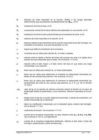 Vi                   B       B                           esfuerzo de corte mayorado en la sección, debido a las cargas aplicadas
                                                         externamente que se presentan simultáneamente con Mmáx , en N.B           B




Vn                   B                       B           resistencia nominal al corte, en N.

Vp                   B                       B           componente vertical de la fuerza efectiva de pretensado en una sección, en N.

Vs                   B                   B               resistencia nominal al corte proporcionada por la armadura de corte, en N.

Vu                   B                       B           esfuerzo de corte mayorado en la sección, en N.

yt       B               B                               distancia desde el eje baricéntrico de la sección transversal bruta del hormigón, sin
                                                         considerar la armadura, a la cara traccionada, en mm.

α                                                        ángulo que define la orientación de la armadura.

αs               B                   B
                                                         constante que se utiliza para calcular Vc en losas y zapatas.
                                                                                                       B   B




αv               B                   B
                                                         relación entre la rigidez a flexión del brazo del conector de corte y la rigidez de la
                                                         sección de losa compuesta que lo rodea. Ver el artículo 11.12.4.5.

β                                                        relación entre el lado mayor y el lado menor del área en que actúa una carga
                                                         concentrada o una reacción.

βp   B                           B
                                                         factor que se utiliza para calcular Vc en losas pretensadas.
                                                                                               B   B




γf
 B           B
                                                         factor que se utiliza para determinar el momento no balanceado transmitido por
                                                         flexión en las uniones losa-columna. Ver el artículo 13.5.3.2.

γv
 B                       B
                                                         factor que se utiliza para determinar el momento no balanceado transmitido por
                                                         excentricidad del corte en las uniones losa-columna, (γv = 1- γf ). Ver el artículo
                                                                                                                           B   B               B   B




                                                         11.12.6.1.

∆ fpt                                            B   B
                                                         valor de fps en la sección de máximo momento menos la tensión en el acero de
                                                                   B   B




                                                         pretensado debida al pretensado y a los momentos flexores mayorados en la sec-
                                                         ción.

θ                                                        ángulo entre el eje de un puntal, diagonal comprimida, o campo de compresión y el
                                                         cordón traccionado de un elemento.

λ                                                        factor de modificación relacionado con la densidad (peso unitario) del hormigón.
                                                         Ver el artículo 11.7.4.3.

µ                                                        coeficiente de fricción. Ver el artículo 11.7.4.3.

ρ                                                        cuantía de la armadura traccionada, no tesa; relación entre As y b d (ρ = As /bd).
                                                                                                                                       B   B                   B   B




                                                         Ver el artículo C 10.3.3. y el Apéndice B.

ρl                                                       cuantía de la armadura longitudinal distribuida, referida al área total o bruta del
                                                         hormigón, perpendicular a dicha armadura Acv .        B   B




Reglamento CIRSOC 201                                                                                                                                  Cap. 11 - 243
 