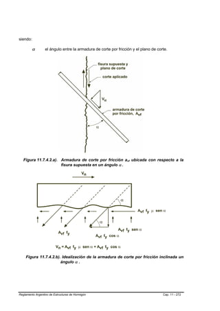 siendo:

         α   B   B   el ángulo entre la armadura de corte por fricción y el plano de corte.




   Figura 11.7.4.2.a). Armadura de corte por fricción avf ubicada con respecto a la
                                                                        B   B




                       fisura supuesta en un ángulo α .         B   B




    Figura 11.7.4.2.b). Idealización de la armadura de corte por fricción inclinada un
                       ángulo α .        B   B




Reglamento Argentino de Estructuras de Hormigón                                         Cap. 11 - 272
 