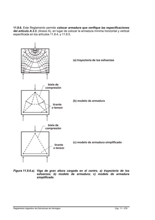 11.8.6. Este Reglamento permite colocar armadura que verifique las especificaciones
del artículo A.3.3. (Anexo A), en lugar de colocar la armadura mínima horizontal y vertical
especificada en los artículos 11.8.4. y 11.8.5.




Figura 11.8.6.a). Viga de gran altura cargada en el centro. a) trayectoria de los
                  esfuerzos; b) modelo de armadura; c) modelo de armadura
                  simplificado.




Reglamento Argentino de Estructuras de Hormigón                                Cap. 11 - 276
 