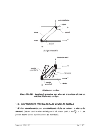 Figura 11.8.6.b). Modelos de armadura para vigas de gran altura. a) viga sin
                        estribos; b) viga con estribos.



11.9. DISPOSICIONES ESPECIALES PARA MÉNSULAS CORTAS

11.9.1. Las ménsulas cortas, con una relación entre la luz de corte av y la altura d del
                                                                      B   B




                                                                          a
elemento, (medida como se indica en la figura 11.9.1., menor que 2, o sea v < 2 , se
                                                                           d
pueden diseñar con las especificaciones del Apéndice A.




Reglamento CIRSOC 201                                                         Cap. 11 - 277
 