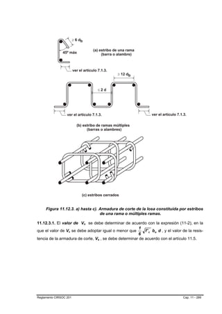 Figura 11.12.3. a) hasta c). Armadura de corte de la losa constituida por estribos
                                  de una rama o múltiples ramas.

11.12.3.1. El valor de Vn se debe determinar de acuerdo con la expresión (11-2), en la
                           B   B




                                                        1
que el valor de Vc se debe adoptar igual o menor que
                   B   B                                   f ' c bo d , y el valor de la resis-
                                                       6
tencia de la armadura de corte, Vs , se debe determinar de acuerdo con el artículo 11.5.
                                   B   B




Reglamento CIRSOC 201                                                              Cap. 11 - 289
 