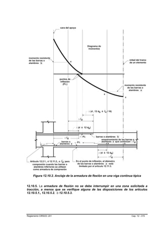 Figura 12.10.2. Anclaje de la armadura de flexión en una viga continua típica


12.10.5. La armadura de flexión no se debe interrumpir en una zona solicitada a
tracción, a menos que se verifique alguna de las disposiciones de los artículos
12.10.5.1., 12.10.5.2. ó 12.10.5.3.




Reglamento CIRSOC 201                                                      Cap. 12 - 315
 