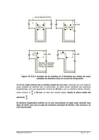 Figura 12.13.2.3. Anclajes de los estribos en U formados por mallas de acero
                        soldadas de alambres lisos en la zona de compresión.


12.13.2.4. Cada extremo de un estribo simple de una rama, realizado con una malla de
acero soldada de alambre liso o conformado, se debe anclar mediante dos alambres
longitudinales, con una separación mínima de 50 mm y con un alambre interior ubicado,
                   d
como mínimo, a        ó 50 mm, el valor que resulte mayor, desde la altura media del
                   4
            d
elemento, .
            2

El alambre longitudinal exterior en la cara traccionada no debe estar ubicado más
lejos de dicha cara que la capa de armadura principal de flexión, más cercana a la
cara traccionada.




Reglamento CIRSOC 201                                                    Cap. 12 - 321
 