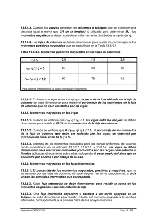 13.6.4.3. Cuando los apoyos consistan en columnas o tabiques que se extienden una
distancia igual o mayor que 3/4 de la longitud l2 utilizada para determinar Mo , los                                       B   B                B   B




momentos negativos se deben considerar uniformemente distribuidos a través de l2 .                                                                      B   B




13.6.4.4. Las fajas de columna se deben dimensionar para resistir los porcentajes de los
momentos positivos mayorados que se especifican en la Tabla 13.6.4.4.

Tabla 13.6.4.4. Momentos positivos mayorados en las fajas de columnas

                         l2 / l1 B       B               B       B
                                                                     0,5                                                           1,0   2,0


    (αf1 l2 / l1 ) = 0
         B       B       B           B               B       B
                                                                     60                                                            60    60


   (αf1 l2 / l1 ) ≥ 1,0
     B       B       B       B               B   B
                                                                     90                                                            75    45


Para valores intermedios se debe interpolar linealmente



13.6.4.5. En losas con vigas entre los apoyos, la parte de la losa ubicada en la faja de
columna se debe dimensionar para resistir el porcentaje de los momentos de la faja
de columna que no sean resistidos por las vigas.

13.6.5. Momentos mayorados en las vigas

13.6.5.1. Cuando se verifique que (αf1 l2 / l1 ) ≥ 1, las vigas entre los apoyos, se deben
                                                                           B   B   B       B           B   B




dimensionar para resistir el 85 % de los momentos de la faja de columna.

13.6.5.2. Cuando se verifique que 0 ≤ (αf1 l2 / l1 ) ≤ 1,0, el porcentaje de los momentos
                                                                                       B       B   B           B   B   B




de la faja de columna que debe ser resistida por las vigas, se obtendrá por
interpolación lineal entre 85 % y 0 %.

13.6.5.3. Además de los momentos calculados para las cargas uniformes, de acuerdo
con lo especificado en los artículos 13.6.2.2. 13.6.5.1. y 13.6.5.2., las vigas se deben
dimensionar para resistir los momentos producidos por las cargas concentradas o
lineales aplicadas directamente sobre ellas, incluyendo el peso propio del alma que se
encuentre por encima o por debajo de la losa.

13.6.6. Momentos mayorados en las fajas intermedias

13.6.6.1. El porcentaje de los momentos mayorados, positivos y negativos, que no
es resistido por las fajas de columna, se debe asignar, en forma proporcional, a cada
una de las semifajas intermedias que corresponda.

13.6.6.2. Cada faja intermedia se debe dimensionar para resistir la suma de los
momentos asignados a sus dos mitades de faja.

13.6.6.3. Una faja intermedia adyacente y paralela a un borde apoyado en un
tabique, se debe dimensionar para resistir el doble del momento asignado a la semifaja
intermedia, correspondiente a la primera hilera de los apoyos interiores.


Reglamento CIRSOC 201                                                                                                                    Cap. 13 - 347
 