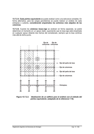 13.7.2.5. Cada pórtico equivalente se puede analizar como una estructura completa. En
forma alternativa, para las cargas gravitatorias se puede realizar un análisis de cada
entrepiso o cubierta, considerando empotrados los extremos más alejados de las
columnas.

13.7.2.6. Cuando los sistemas losas-viga se analicen en forma separada, se podrá
determinar el momento en un apoyo dado, suponiendo que la losa-viga está empotrada
en cualquier apoyo distante dos tramos del considerado, siempre que la losa continúe
más allá de dicho punto.




      Figura 13.7.2.2.       Idealización de un edificio para el análisis con el método del
                             pórtico equivalente. (adaptado de la referencia 7.19).




Reglamento Argentino de Estructuras de Hormigón                               Cap. 13 - 352
 