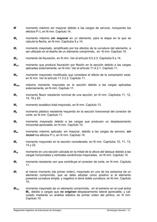 M           momento máximo sin mayorar debido a las cargas de servicio, incluyendo los
            efectos P-∆, en N mm. Capítulo 14.

Ma          momento máximo sin mayorar en un elemento, para la etapa en la que se
            calcula la flecha, en N mm. Capítulos 9 y 14.

Mc          momento mayorado, amplificado por los efectos de la curvatura del elemento, a
            ser utilizado en el diseño de un elemento comprimido, en N mm. Capítulo 10.

Mcr         momento de fisuración, en N mm. Ver el artículo 9.5.2.3. Capítulos 9 y 14.

Mcre        momento que produce fisuración por flexión en la sección debido a las cargas
            aplicadas externamente, en N mm. Ver el artículo 11.4.2.1. Capítulo 11.

Mm          momento mayorado modificado que considera el efecto de la compresión axial,
            en N mm. Ver el artículo 11.3.2.2. Capítulo 11.

Mmáx        máximo momento mayorado en la sección debido a las cargas aplicadas
            externamente, en N mm. Capítulo 11.

Mn          momento flexor resistente nominal de una sección, en N mm. Capítulos 11, 12,
            14, 18 y 22.

Mo          momento isostático total mayorado, en N mm. Capítulo 13.

Mp          momento plástico resistente requerido en la sección transversal del conector de
            corte, en N mm. Capítulo 11.

Ms          momento mayorado debido a las cargas que producen un desplazamiento
            horizontal apreciable, en N mm. Capítulo 10.

Msa         momento máximo aplicado, sin mayorar, debido a las cargas de servicio, sin
            incluir los efectos P-∆, en N mm. Capítulo 14.

Mu          momento mayorado en la sección considerada, en N mm. Capítulos 10, 11, 13,
            14 y 22.

Mua         momento en una sección ubicada en la mitad de la altura del tabique debido a las
            cargas horizontales y verticales excéntricas mayoradas, en N mm. Capítulo 14.

Mv          momento resistente con que contribuye el conector de corte, en N mm. Capítulo
            11.

M1          el menor momento (de primer orden), mayorado en uno de los extremos de un
            elemento comprimido, que se debe adoptar como positivo si el elemento
            presenta curvatura simple, y negativo si tiene doble curvatura, en N mm. Capítulo
            10.

M1ns        momento mayorado de un elemento comprimido, en el extremo en el cual actúa
            M1, debido a cargas que no originan desplazamiento lateral apreciable, y cal-
            culado mediante un análisis elástico de primer orden del pórtico, en N mm.
            Capítulo 10.



Reglamento Argentino de Estructuras de Hormigón                            Simbología General - 12
 