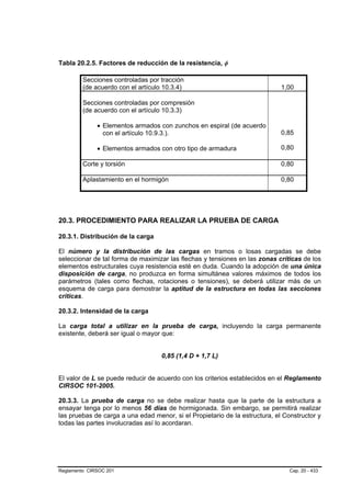 Tabla 20.2.5. Factores de reducción de la resistencia, φ

         Secciones controladas por tracción
         (de acuerdo con el artículo 10.3.4)                                 1,00

         Secciones controladas por compresión
         (de acuerdo con el artículo 10.3.3)

              • Elementos armados con zunchos en espiral (de acuerdo
                con el artículo 10.9.3.).                                    0,85

              • Elementos armados con otro tipo de armadura                  0,80

         Corte y torsión                                                     0,80

         Aplastamiento en el hormigón                                        0,80




20.3. PROCEDIMIENTO PARA REALIZAR LA PRUEBA DE CARGA

20.3.1. Distribución de la carga

El número y la distribución de las cargas en tramos o losas cargadas se debe
seleccionar de tal forma de maximizar las flechas y tensiones en las zonas críticas de los
elementos estructurales cuya resistencia esté en duda. Cuando la adopción de una única
disposición de carga, no produzca en forma simultánea valores máximos de todos los
parámetros (tales como flechas, rotaciones o tensiones), se deberá utilizar más de un
esquema de carga para demostrar la aptitud de la estructura en todas las secciones
criticas.

20.3.2. Intensidad de la carga

La carga total a utilizar en la prueba de carga, incluyendo la carga permanente
existente, deberá ser igual o mayor que:


                                    0,85 (1,4 D + 1,7 L)


El valor de L se puede reducir de acuerdo con los criterios establecidos en el Reglamento
CIRSOC 101-2005.

20.3.3. La prueba de carga no se debe realizar hasta que la parte de la estructura a
ensayar tenga por lo menos 56 días de hormigonada. Sin embargo, se permitirá realizar
las pruebas de carga a una edad menor, si el Propietario de la estructura, el Constructor y
todas las partes involucradas así lo acordaran.




Reglamento CIRSOC 201                                                           Cap. 20 - 433
 