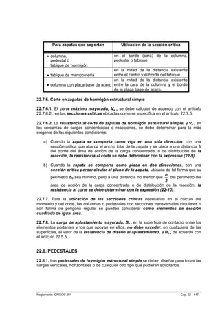 Para zapatas que soportan                 Ubicación de la sección crítica

      • columna,                              en el borde (cara) de la columna,
        pedestal ó                            pedestal o tabique.
        tabique de hormigón
                                        en la mitad de la distancia existente
      • tabique de mampostería          entre el centro y el borde del tabique.
                                        en la mitad de la distancia existente
      • columna con placa base de acero entre la cara de la columna y el borde
                                        de la placa base de acero.

22.7.6. Corte en zapatas de hormigón estructural simple

22.7.6.1. El corte máximo mayorado, Vu , se debe calcular de acuerdo con el artículo
                                          B    B




22.7.6.2., en las secciones críticas ubicadas como se especifica en el artículo 22.7.5.

22.7.6.2. La resistencia al corte de zapatas de hormigón estructural simple, φ Vn , en      B   B




las cercanías de cargas concentradas o reacciones, se debe determinar para la más
exigente de las siguientes condiciones:

    a) Cuando la zapata se comporta como viga en una sola dirección, con una
       sección crítica que abarca el ancho total de la zapata y se ubica a una distancia h
       del borde del área de acción de la carga concentrada, o de distribución de la
       reacción, la resistencia al corte se debe determinar con la expresión (22-9).

    b) Cuando la zapata se comporta como placa en dos direcciones, con una
       sección crítica perpendicular al plano de la zapata, ubicada de tal forma que su
                                                                   h
       perímetro b0 sea mínimo, pero a una distancia no menor que     del perímetro del
                                                                   2
                        B   B




       área de acción de la carga concentrada o de distribución de la reacción, la
       resistencia al corte se debe determinar con la expresión (22-10).

22.7.7. Para la ubicación de las secciones críticas necesarias en el cálculo del
momento y del corte, las columnas o pedestales con secciones transversales circulares o
con forma de polígono regular se pueden considerar como elementos de sección
cuadrada de igual área.

22.7.8. La carga de aplastamiento mayorada, Bu , en la superficie de contacto entre los
                                                      B   B   B   B




elementos portantes y los que apoyan en ellos, no debe exceder, en cualquiera de las
superficies, el valor de la resistencia de diseño al aplastamiento, φ Bn , de acuerdo con
                                                                           B   B




el artículo 22.5.5.


22.8. PEDESTALES

22.8.1. Los pedestales de hormigón estructural simple se deben diseñar para todas las
cargas verticales, horizontales o de cualquier otro tipo que pudieran solicitarlos.




Reglamento CIRSOC 201                                                                Cap. 22 - 447
 