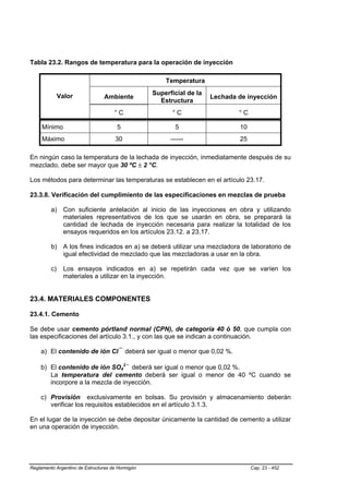 Tabla 23.2. Rangos de temperatura para la operación de inyección

                                                                Temperatura

              Valor                                         Superficial de la
                                Ambiente                                        Lechada de inyección
                                                              Estructura
                                     °C                           °C                    °C

     Mínimo                           5                             5                   10
     Máximo                          30                           ------                25

En ningún caso la temperatura de la lechada de inyección, inmediatamente después de su
mezclado, debe ser mayor que 30 ºC ± 2 °C.

Los métodos para determinar las temperaturas se establecen en el artículo 23.17.

23.3.8. Verificación del cumplimiento de las especificaciones en mezclas de prueba

         a) Con suficiente antelación al inicio de las inyecciones en obra y utilizando
            materiales representativos de los que se usarán en obra, se preparará la
            cantidad de lechada de inyección necesaria para realizar la totalidad de los
            ensayos requeridos en los artículos 23.12. a 23.17.

         b) A los fines indicados en a) se deberá utilizar una mezcladora de laboratorio de
            igual efectividad de mezclado que las mezcladoras a usar en la obra.

         c)     Los ensayos indicados en a) se repetirán cada vez que se varíen los
                materiales a utilizar en la inyección.


23.4. MATERIALES COMPONENTES

23.4.1. Cemento

Se debe usar cemento pórtland normal (CPN), de categoría 40 ó 50, que cumpla con
las especificaciones del artículo 3.1., y con las que se indican a continuación.

    a) El contenido de ión Cl¯ deberá ser igual o menor que 0,02 %.
                                       P       P




                                                        -
    b) El contenido de ión SO42 deberá ser igual o menor que 0,02 %.
                                           B       PB   P




       La temperatura del cemento deberá ser igual o menor de 40 ºC cuando se
       incorpore a la mezcla de inyección.

    c) Provisión exclusivamente en bolsas. Su provisión y almacenamiento deberán
       verificar los requisitos establecidos en el artículo 3.1.3.

En el lugar de la inyección se debe depositar únicamente la cantidad de cemento a utilizar
en una operación de inyección.




Reglamento Argentino de Estructuras de Hormigón                                              Cap. 23 - 452
 
