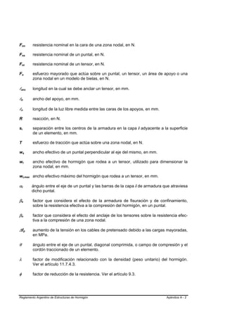 Fnn          B                                                           B           resistencia nominal en la cara de una zona nodal, en N.

Fns          B                                                       B               resistencia nominal de un puntal, en N.

Fnt          B                                               B                       resistencia nominal de un tensor, en N.

Fu           B                                       B                               esfuerzo mayorado que actúa sobre un puntal, un tensor, un área de apoyo o una
                                                                                     zona nodal en un modelo de bielas, en N.

lanc
 B                                                                           B       longitud en la cual se debe anclar un tensor, en mm.

lb
 B                               B                                                   ancho del apoyo, en mm.

ln
 B                               B                                                   longitud de la luz libre medida entre las caras de los apoyos, en mm.

R                                                                                    reacción, en N.

si       B           B                                                               separación entre los centros de la armadura en la capa i adyacente a la superficie
                                                                                     de un elemento, en mm.

T                                                                                    esfuerzo de tracción que actúa sobre una zona nodal, en N.

ws                       B                               B                           ancho efectivo de un puntal perpendicular al eje del mismo, en mm.

wt                       B                       B                                   ancho efectivo de hormigón que rodea a un tensor, utilizado para dimensionar la
                                                                                     zona nodal, en mm.

wt,max ancho efectivo máximo del hormigón que rodea a un tensor, en mm.
                         B                                                       B




αi               B           B                                                       ángulo entre el eje de un puntal y las barras de la capa i de armadura que atraviesa
                                                                                     dicho puntal.

βs   B                               B                                               factor que considera el efecto de la armadura de fisuración y de confinamiento,
                                                                                     sobre la resistencia efectiva a la compresión del hormigón, en un puntal.

βn   B                                   B                                           factor que considera el efecto del anclaje de los tensores sobre la resistencia efec-
                                                                                     tiva a la compresión de una zona nodal.

∆ fp                                         B                   B                   aumento de la tensión en los cables de pretensado debido a las cargas mayoradas,
                                                                                     en MPa.

θ                                                                                    ángulo entre el eje de un puntal, diagonal comprimida, o campo de compresión y el
                                                                                     cordón traccionado de un elemento.

λ                                                                                    factor de modificación relacionado con la densidad (peso unitario) del hormigón.
                                                                                     Ver el artículo 11.7.4.3.

φ                                                                                    factor de reducción de la resistencia. Ver el artículo 9.3.




Reglamento Argentino de Estructuras de Hormigón                                                                                                               Apéndice A - 2
 